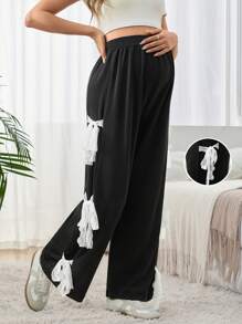 SHEIN Lace-Up Maternity Wide Leg Loose Casual Pants - Black - View 2