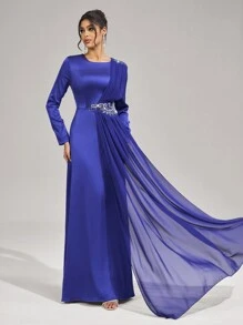 SHEIN Belle 正式礼服，优雅晚礼服长袖伴娘礼服，婚礼宾客礼服 - 寶藍色 - 查看 4