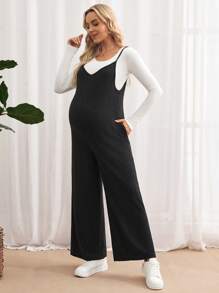 SHEIN Maternity Solid Color Ribbed Wide Leg Loose Casual Jumpsuit