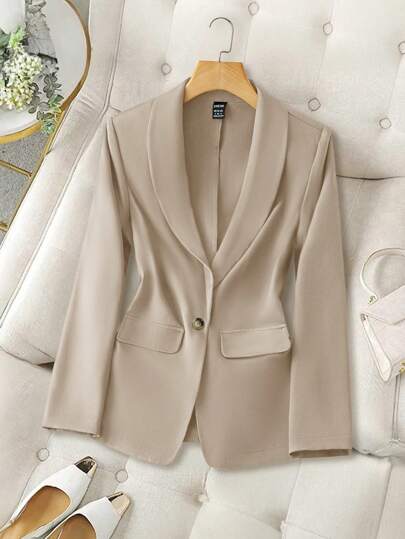 SHEIN LUNE 2024 Autumn/Winter New Arrival Grey-Green Women Waist-Cinched Buttoned Blazer,Casual