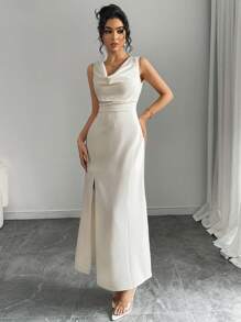Chiquease Robe longue élégante femme de couleur unie, col en V, fendue sur le côté, sans manches, robe de soirée formelle, robe longue sexy - Nude - Voir 3