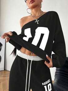 Coolane 女孩冬季 Y2K 学院风日常穿着数字印花保暖不对称领口长袖运动衫和白色松紧腰带阔腿运动裤