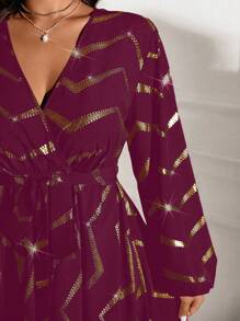 Allurite Cross Collar Waisted Dropped Shoulder Long Sleeve Puff Sleeve Tie-Up Heavy Foiled Random Cut Dress - Burgundy - View 8