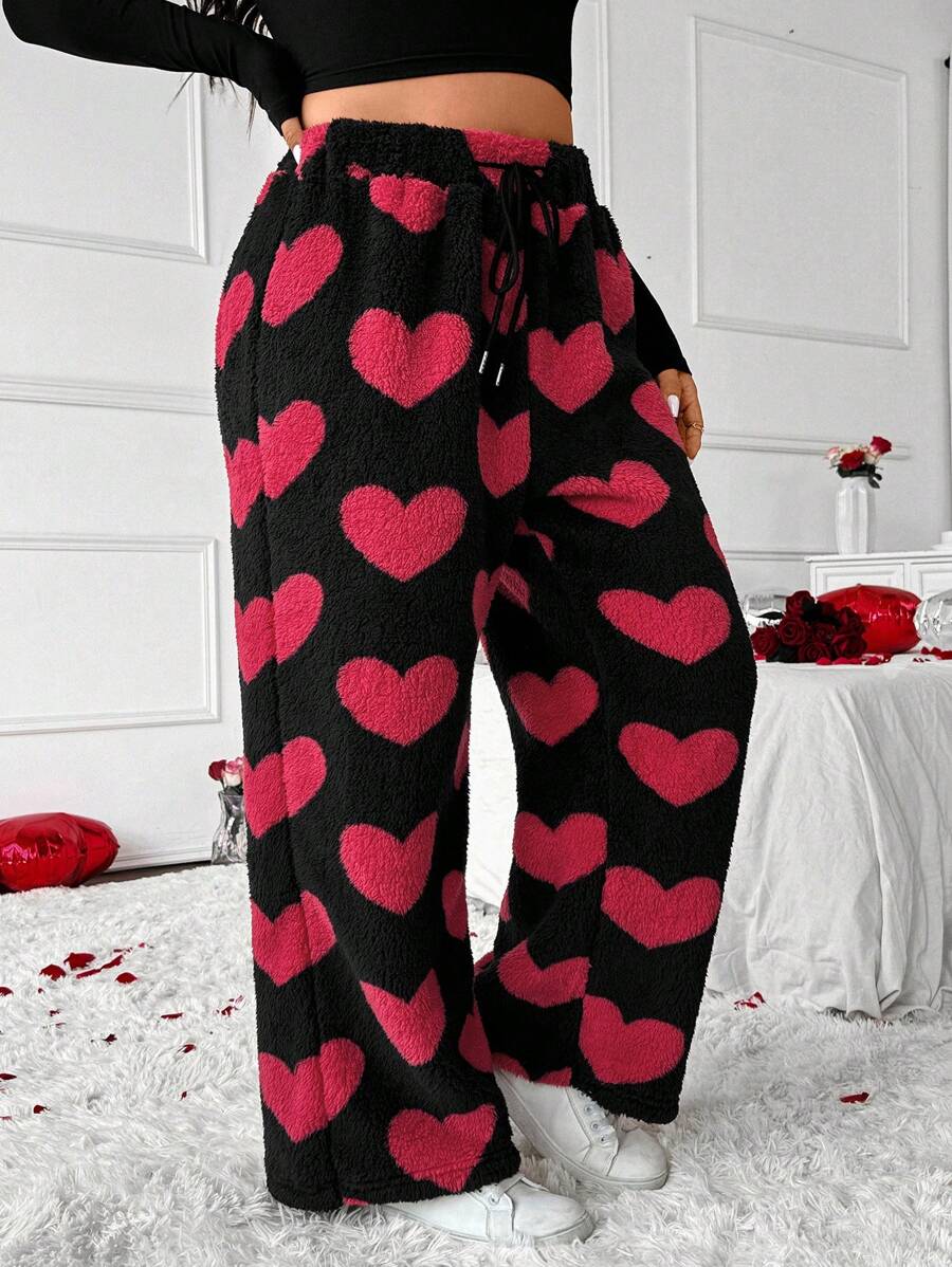 Calvaya Plus Size Plush Textured Warm Insulated Elastic Waist Loose Straight Leg Pants For Women, Suitable For Valentine's Day