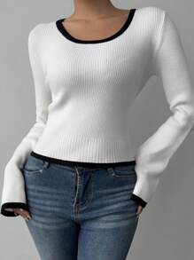 SHEIN BASICS Women's Casual Fitted Long Sleeve Contrast Color Trim Sweater - White - View 5