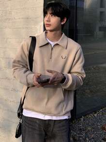 DAZY Men's Polo Collar Small Pattern Embroidered Pullover Sweatshirt - Khaki - View 1