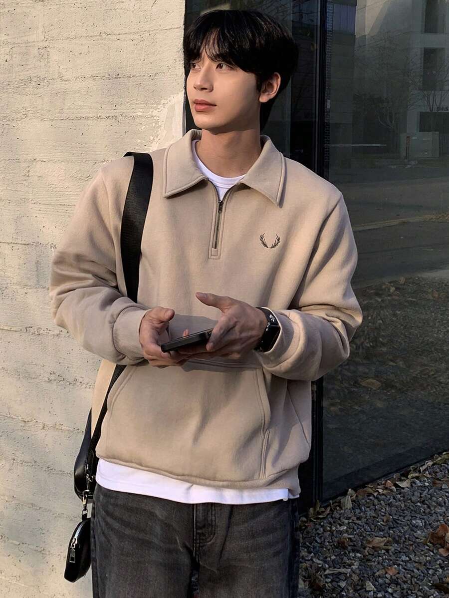 DAZY Men's Polo Collar Small Pattern Embroidered Pullover Sweatshirt - Khaki - View 1