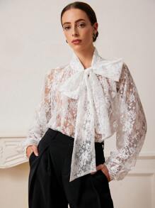 Aveloria Rosie Romantic Elegant Lace Dress, Loose Peter Pan Collar Bowknot, Spring Summer Lightweight Sheer Oversized Dress For Women, Feminine Look Valentine's Day Fall Cloth For Women - White - View 2