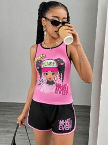 2pcs/Set Teen Girls Solid Color Patchwork Round Neck Sleeveless Graphic Print Top And Shorts Set