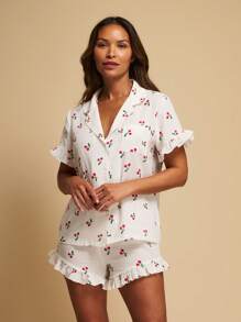 TryMe Set de pijamale cu mânecă scurtă, cu volane, cu guler, cu imprimeu cireș