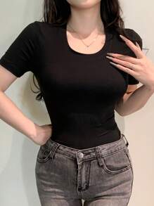 Joudiya 修身性感圆领短袖女式 T 恤夏季 - 黑色 - 查看 10