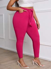 Plus Size Women Stretch Skinny Jeans With Rose Red Fashionable Belt Design - Hot Pink - View 5