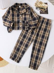 SHEIN 2 件装幼儿男童棕色格子长袖上衣和宽松长裤休闲睡衣套装