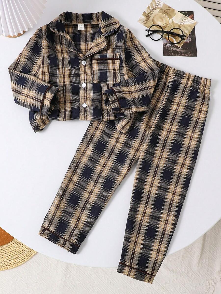 SHEIN 2 件装幼儿男童棕色格子长袖上衣和宽松长裤休闲睡衣套装