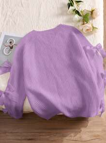 SHEIN Frenchy Plus Size Crew Neck Long Sleeve Sweater With Hollow Out Bowknot Decor, Cute Fairy Style, Loose Fit, Apricot Knitted In Fall/Winter