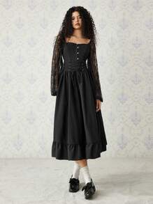 SHEIN MOD Falda negra con detalle de cintura anudada y bajo con volantes, vestimenta occidental para mujeres, faldas negras para mujeres, faldas largas negras vintage - Negro - Ver 3