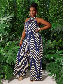 Slaydiva Combinaison à jambes larges avec motif rayures et diamants, sans manches, grande taille, adaptée aux vacances et à l'usage quotidien