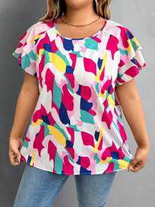 SHEIN LUNE Áo cánh cổ tròn rộng rãi, họa tiết khối màu tương phản cỡ lớn, phong cách Valentine Boho Cowgirl Old Money Festival Bohemian Western Wear Women Hippie Summer - Nhiều màu - Xem 4