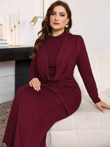Modelyn 优雅褶皱长袖修身针织连衣裙，加大码，春秋长款晚礼服 - 酒紅色 - 查看 3
