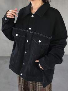 FRIFUL Women's Casual Drop Shoulder Long Sleeve Single-Breasted Denim Jacket, Autumn - Black - View 3