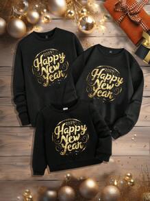 Manfinity Homme Fashionable 2025 New Year Letter Pattern Golden Effect Graphic Pullover Sweatshirt, Casual Couple Matching, Warm Lined Fleece Sweatshirts Suitable For Gift To Boyfriend, Plus Size - Black - View 1