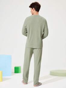 Notgurli 2pcs Men's Round Neck Long Sleeve Minimalist Loose Top And Pants Casual Pajama Set - Olive Green - View 2