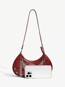 SHEIN ICON 女士单肩包，流浪包，时尚，个性，简约，百搭，街头风，甜美酷炫女孩，辣妹，千禧一代，铆钉，多层链条装饰，机车风，青少年情人节 - 紅色 - 查看 5