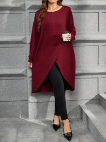 SHEIN Clasi Große Größen einfarbiger gestrickter Longpullover, lässiger Herbststil, Neujahrsdamen