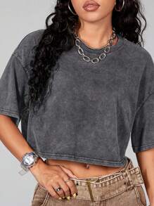 SHEIN Coolane Cotton Casual Short Sleeve Cropped T-Shirt - Grey - View 10