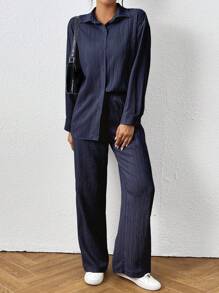 SHEIN PETITE 2pcs/Set Women Solid Color Top And Pants, Minimalist Fashion Casual Everyday Wear - Navy Blue - View 4