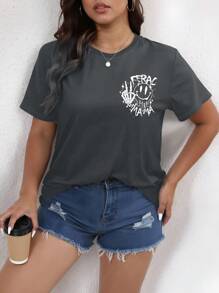 Flirla Halloween Plus Size Cool Skull Hand And Face Print And English Letter Print Summer Crew-Neck T-Shirt, SOMEBODY'S FERAL MAMA Graphic Tees Women Tops - Grey - View 3