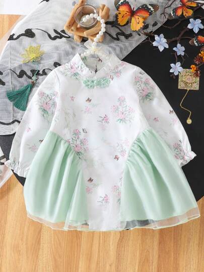 SHEIN Babygirl Vårgrön Elegant Vintage Fashionabla Digitaltryck Mjukt Chiffongtyg Långärmat Stativ Krage Layered Volanger Fåll Hanfu Klänning För Fest