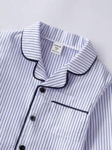 SHEIN 2 Peças Conjunto de Pijama de Calça e Camisa de Manga Longa com Listras Contrastantes para Menino Pequeno, Conjunto Casual de Casa