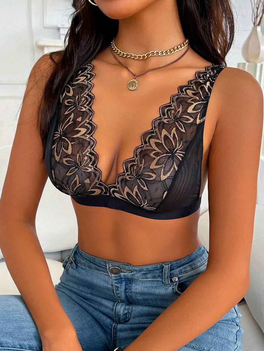 Women's Fashion Floral Lace Lingerie Bra - Black - View 1