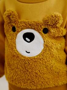 Cozy Pixies 2 件装男婴/女婴卡通熊耳朵装饰混合面料长袖连帽衫和慢跑裤套装，秋冬 - 彩色 - 查看 4