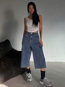 DAZY Pantalones vaqueros de pierna ancha con bolsillos cargo y ajuste holgado casual para mujeres, pantalones cortos de mezclilla