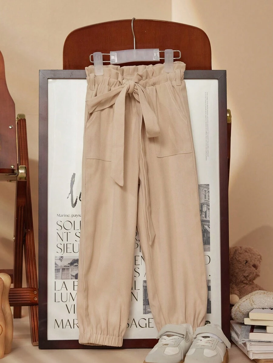 PrepCrw 年轻女孩棕色直筒裤配腰带，时尚学院风裤子，秋冬 - 杏色 - 查看 1