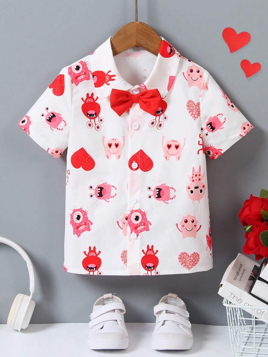 SHEIN Streecool Kids Áo sơ mi tay ngắn in họa tiết hoạt hình cho bé trai có nơ trang trí - trắng - Xem 1