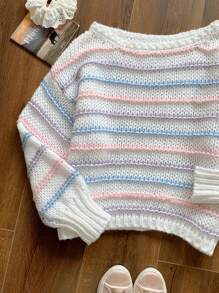 SHEIN EZwear Damen Off-Shoulder gestreifter Pullover, einfach und modisch, geeignet für Frühling und Herbst