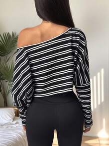 Flirla Áo thun tay dài họa tiết sọc waffle bất đối xứng, áo thun họa tiết đa năng mặc thường ngày cho nữ mùa xuân - Nhiều màu - Xem 2