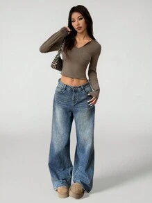 SHEIN MOOSTA Áo thun tay dài cổ tim Essential hiệu ứng giặt, Thu/Đông - Màu xanh Ô liu - Xem 5