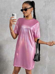 Teenage Girls Plain Round Neck Short Sleeve Simple Casual Dress - Hot Pink - View 6