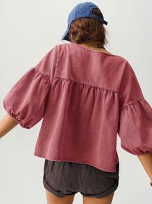 Bohemela 女士宽松度假泡泡袖衬衫，绿色 - 紅色 - 查看 4