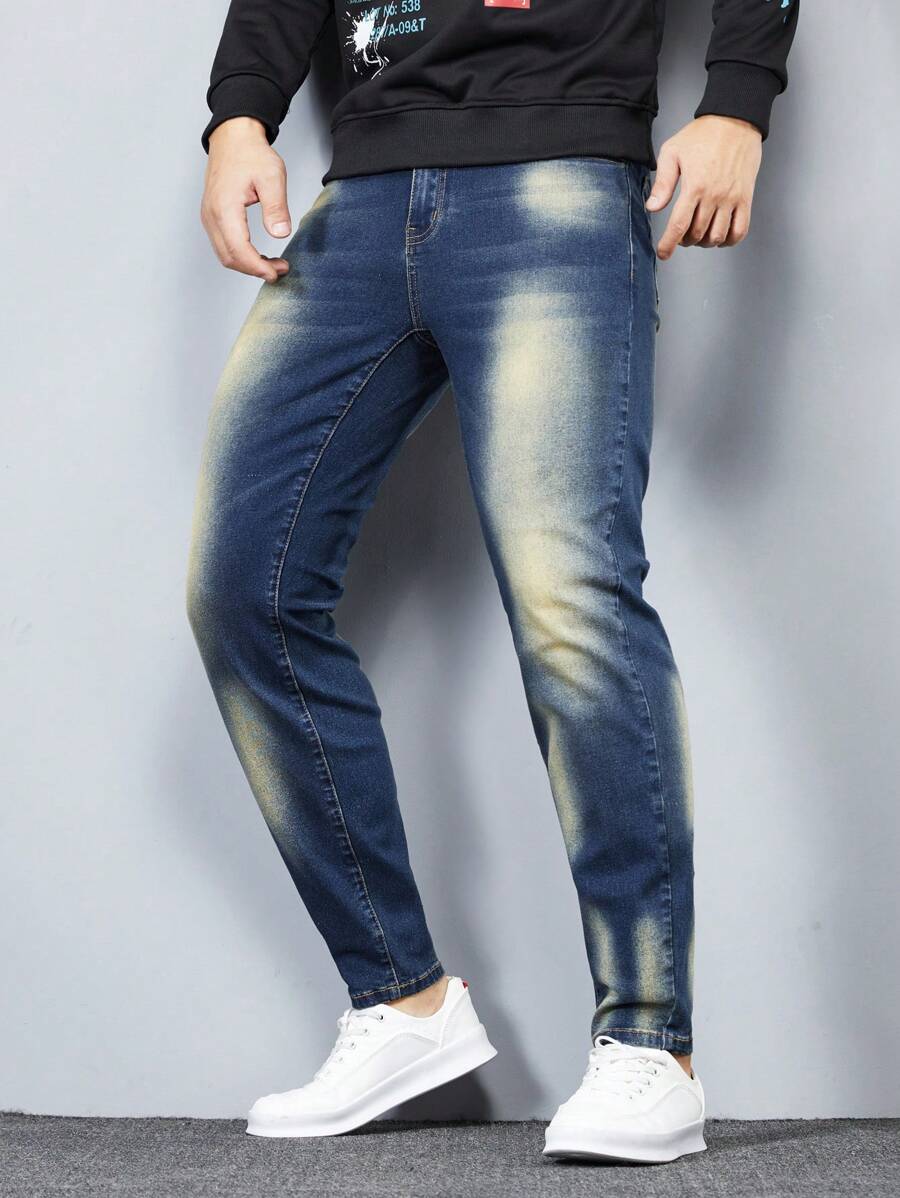 Manfinity Homme 大码男式口袋紧身休闲百搭牛仔裤 - 藍色 - 查看 1