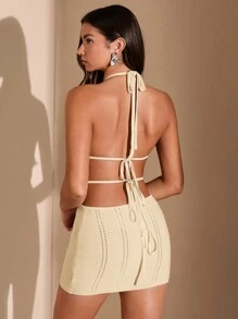 SHEIN BAE 白色露背针织迷你连衣裙、钩针比基尼、性感服装、沙滩女装、波西米亚风、夏季女装 - 杏色 - 查看 2