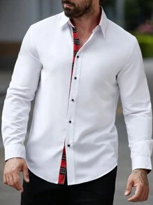 Manfinity Mode 男士秋季长袖单排扣休闲通勤衬衫 - 白色 - 查看 7