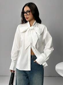 Muchica 女士纯色系带领落肩长袖休闲衬衫秋季 - 白色 - 查看 6