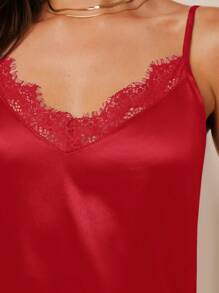 Amorya Áo hai dây satin màu xanh dương thanh lịch phối ren tương phản dành cho nữ, đa năng cho mùa xuân/hè, có thể mặc riêng hoặc mặc lớp bên trong vào mùa thu/đông. - Đỏ - Xem 6