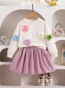 2pcs/Set Young Girl Autumn Casual Energetic Pattern Hoodie And Pleated Skirt, Pink Floral Sweatshirt With Cute Skirt, Sweet And Active Outfit For Outdoor Activities - Pink - View 1