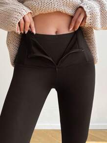 Firerie 女式简约百搭百搭纽扣高腰拉链瘦身紧身裤，黑色，秋冬 - 棕色 - 查看 5